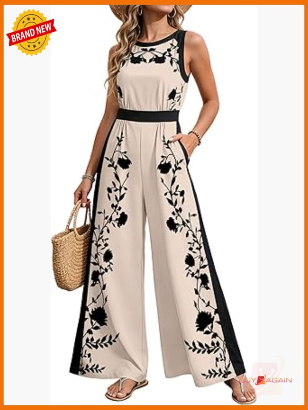 Casual Sleeveless Floral Jumpsuit with Pockets Wide Leg Romper - Picture 1 of 7